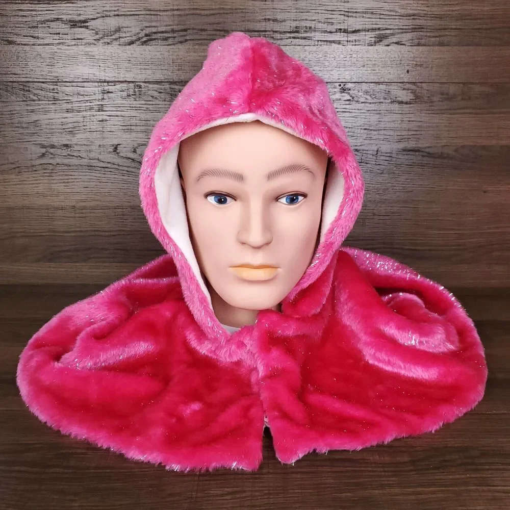 Pink Fur Hooded Cape‎ Youth Kids Silver Lurex White Fleece Lined Costume New